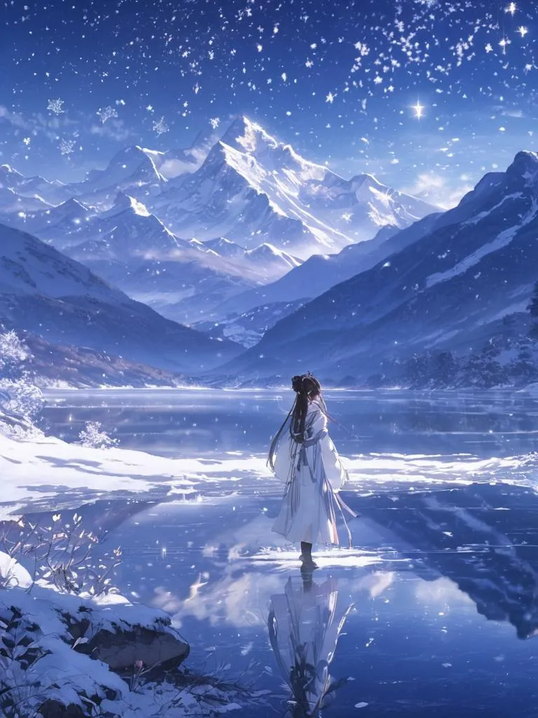AI generated image using stable diffusion depicting a woman in a white dress with long flowing hair, standing on a frozen lake surrounded by snowy mountains and a starry night sky.