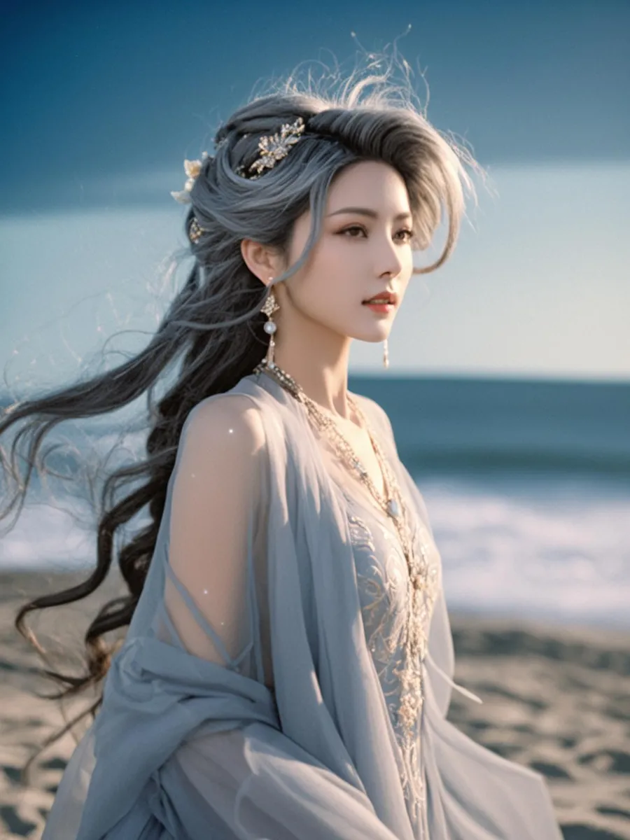 An ethereal woman with long flowing hair in an elegant blue dress standing on a beach. The image is AI generated using Stable Diffusion.