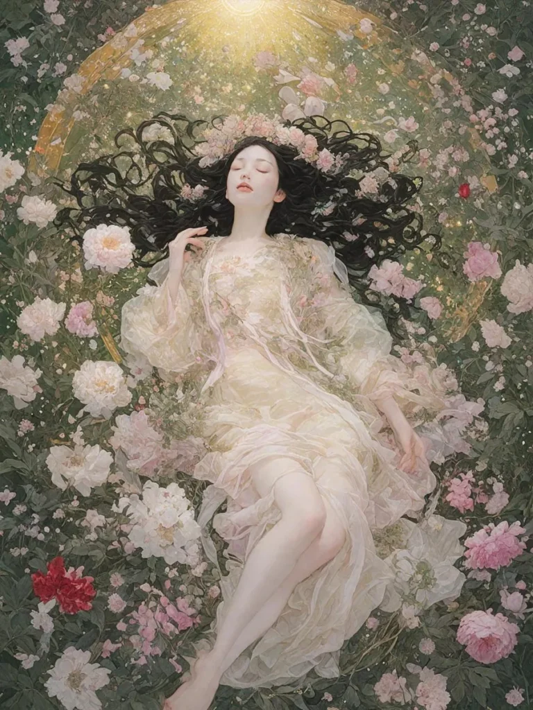 An AI generated image using stable diffusion depicting an ethereal woman in a flowing dress, sleeping on a bed of flowers with sunlight illuminating her.