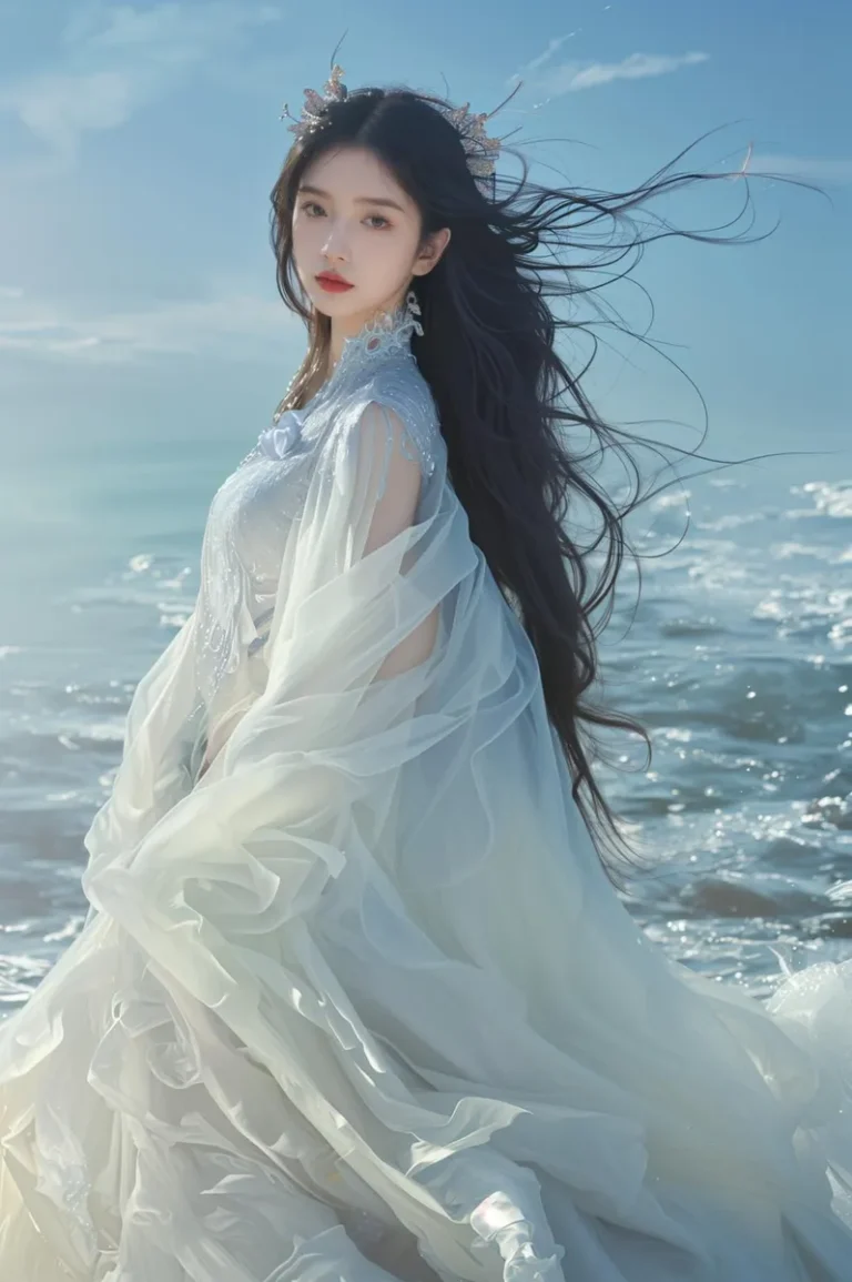 AI generated image of an ethereal woman with long flowing black hair, wearing an intricate, light, flowing white dress, standing on the shore with waves crashing behind her, using stable diffusion.