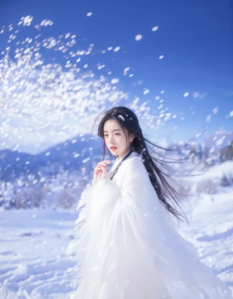 Ethereal woman in a flowing white dress standing in a snowy landscape with a serene expression. AI generated image using stable diffusion.