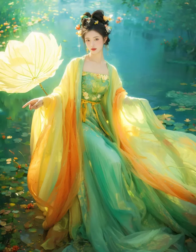 An ethereal woman in a traditional, flowing costume stands beside a glowing fantasy landscape. This AI generated image was created using stable diffusion.