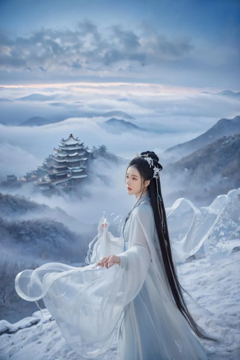 An elegant woman in traditional Chinese attire stands on a snowy mountaintop. The background features a majestic palace with surrounding misty mountains, created with Stable Diffusion.