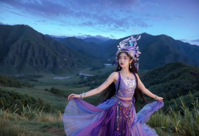 A beautiful woman in a purple fantasy costume standing in an open mountainous landscape during twilight. AI generated image using Stable Diffusion.