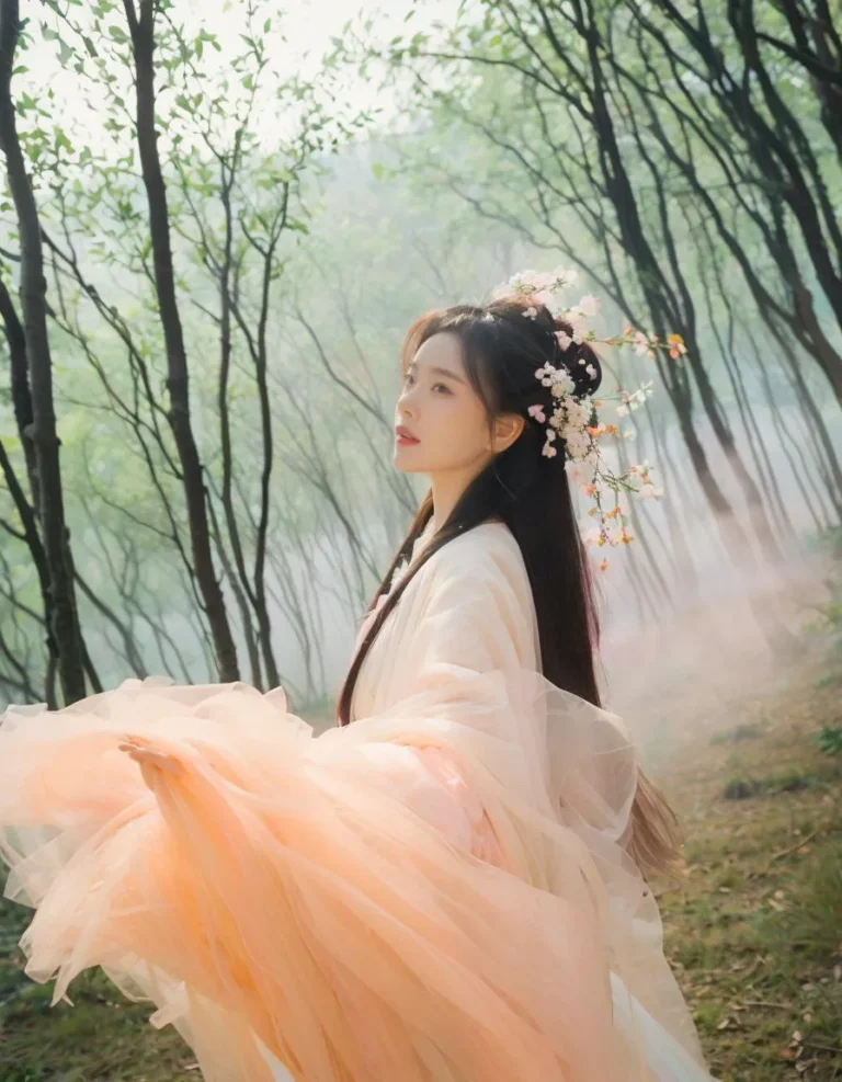 An ethereal woman in a flowing, light peach traditional dress, with delicate flowers adorning her hair. She stands gracefully in a mystical, misty forest, captured by AI with Stable Diffusion.