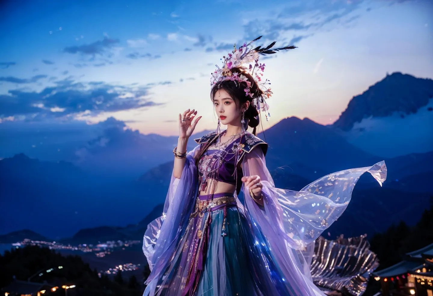 An ethereal woman in an elaborate traditional Chinese attire with a mountain backdrop. AI-generated image using stable diffusion.