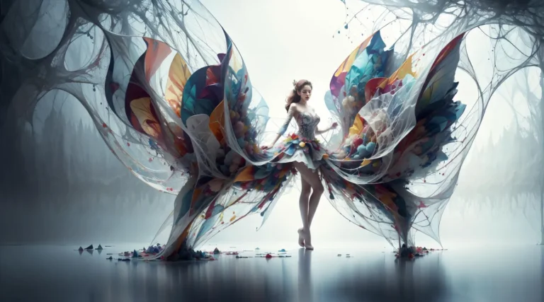 An AI generated image using stable diffusion depicting an ethereal fairy dressed in a vibrantly colorful, elaborate gown with butterfly-like wings, standing gracefully in a misty, otherworldly forest setting.