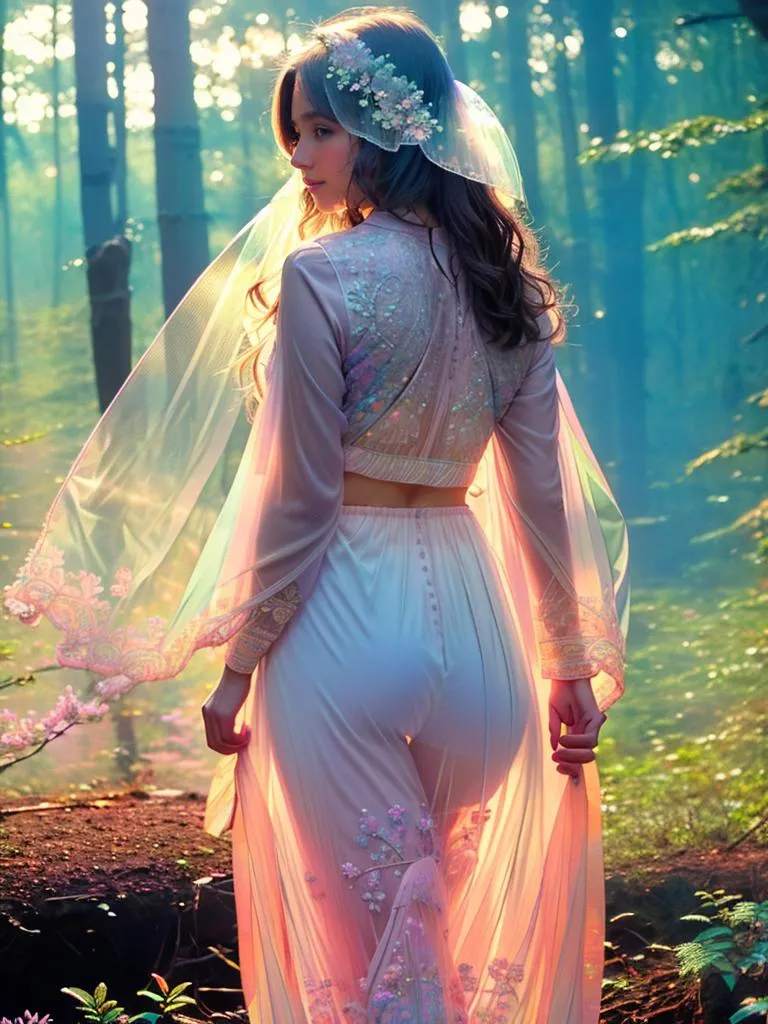 Depiction of a delicate woman in a flowing gown with intricate floral designs standing in an ethereal forest, an AI generated image using stable diffusion.