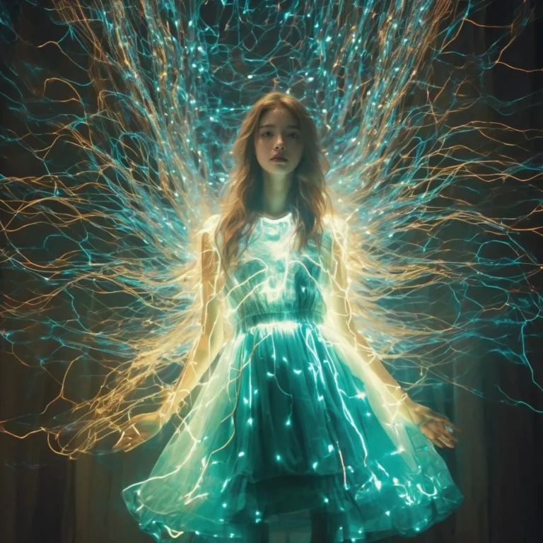 A woman is wearing a glowing, ethereal dress with light trails extending from her figure, created by AI using Stable Diffusion.