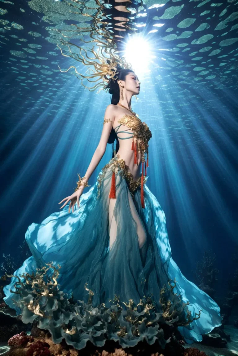 Ethereal underwater goddess in a mermaid costume with flowing blue fabric and golden details, radiant sunlight streams down from above, an AI generated image using stable diffusion.