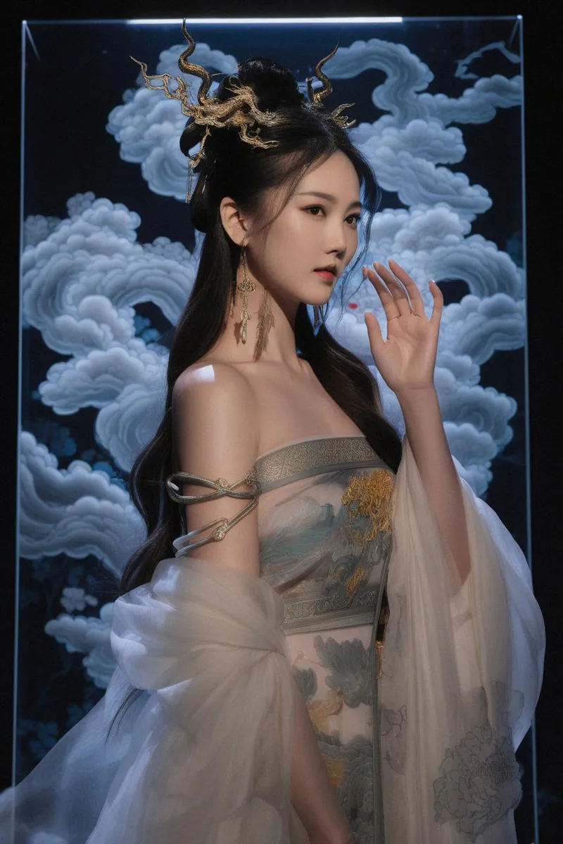 An ethereal woman wearing Chinese traditional attire with elaborate golden hair accessories, set against a background of swirling clouds, AI generated image using stable diffusion.