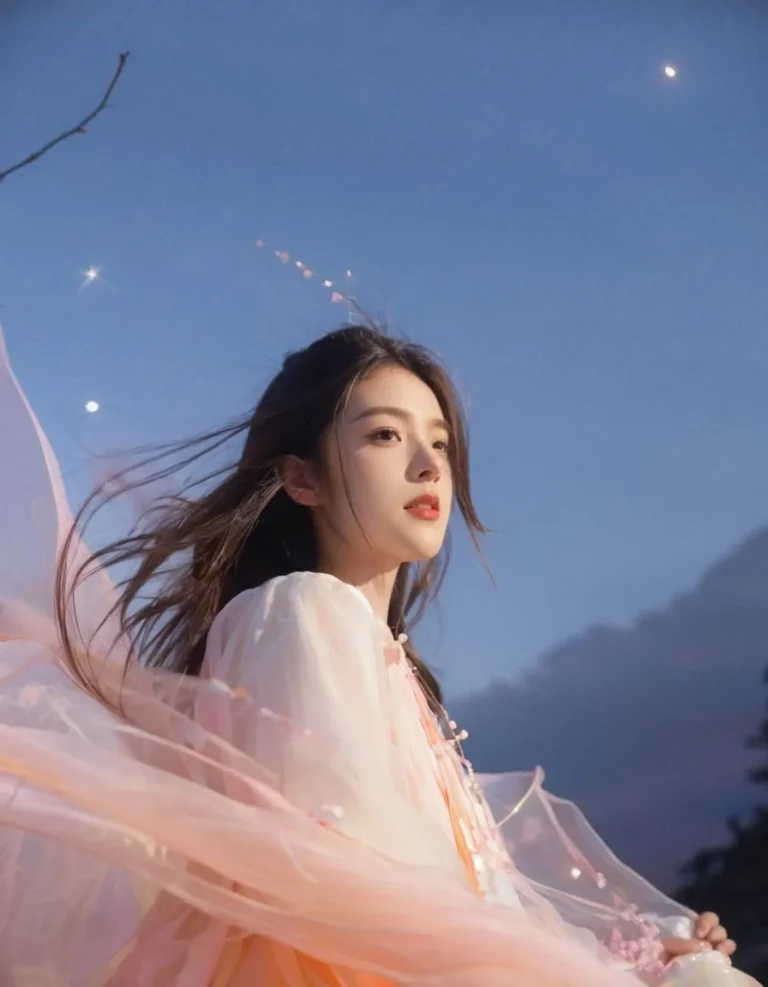 A dreamy AI generated image using stable diffusion of an ethereal woman dressed in a flowy garment under a twilight sky.