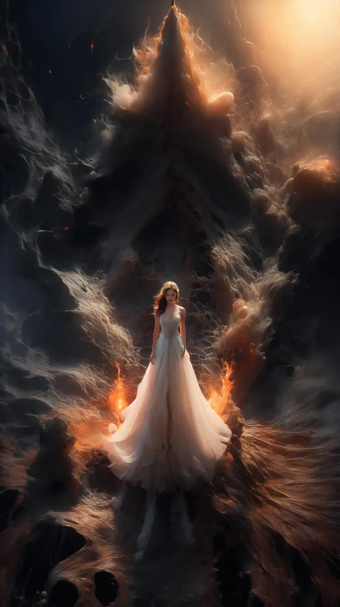 An AI generated image using Stable Diffusion of an ethereal woman in a flowing white dress standing in front of a dramatic, fiery landscape.