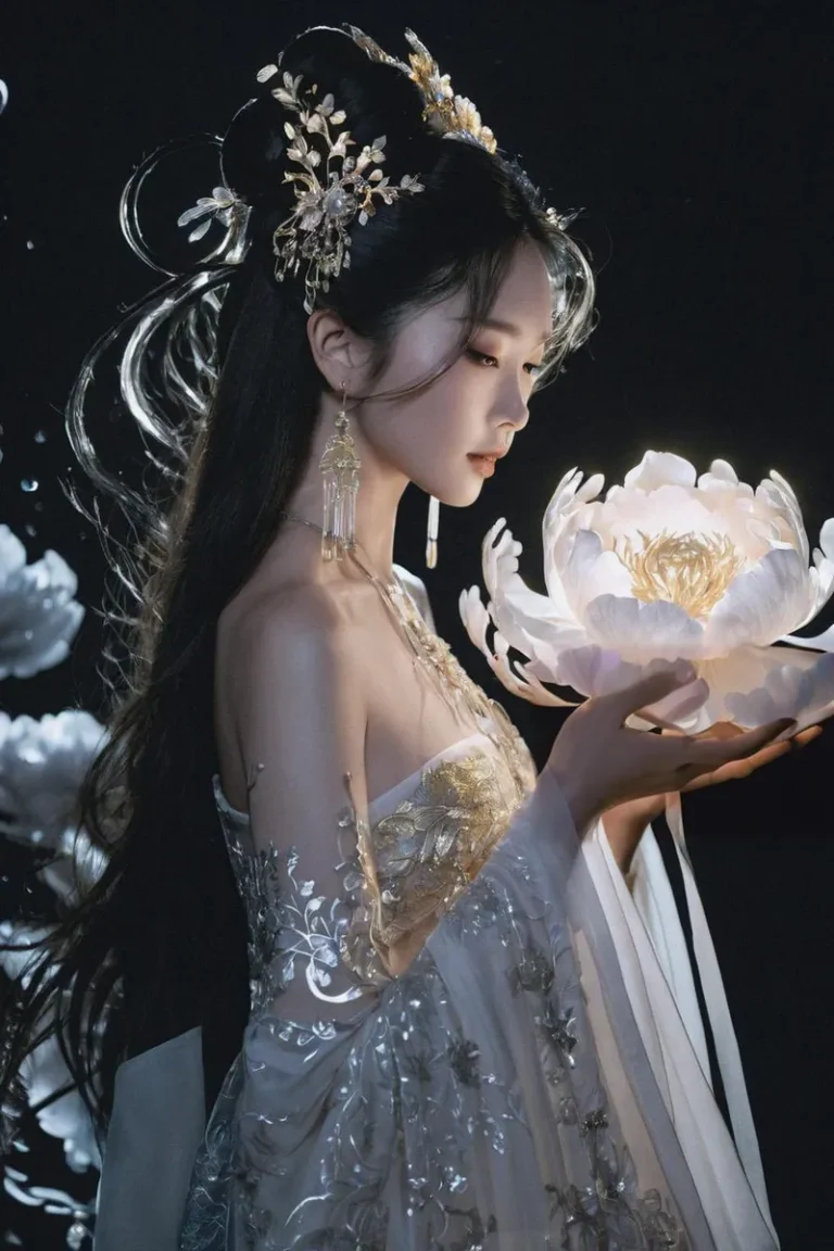 AI-generated image using Stable Diffusion showing an ethereal woman in exquisite traditional attire, holding a glowing flower.