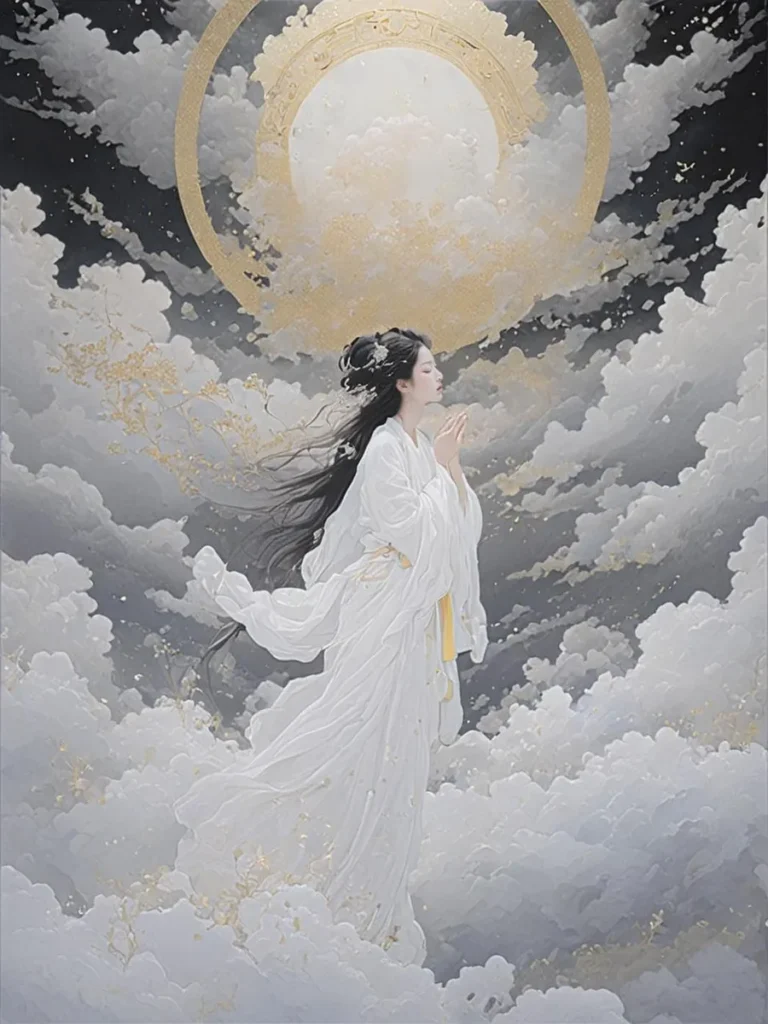 Ethereal woman in a flowing, white gown standing amidst clouds with a celestial, golden circle in the background. This is an AI generated image using stable diffusion.