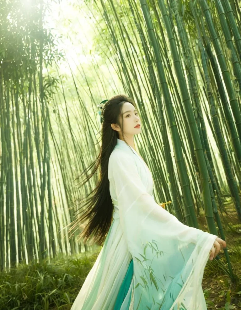 Ethereal woman in traditional Asian attire walking through a dense bamboo forest. AI generated image using stable diffusion.
