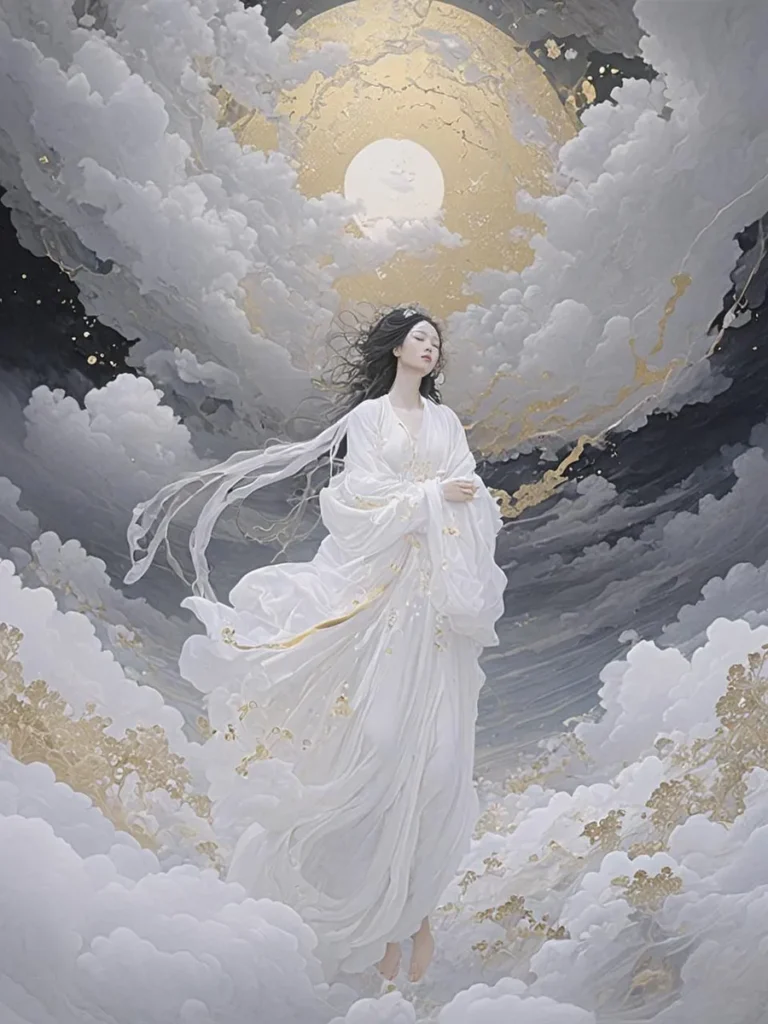 AI generated image using Stable Diffusion depicting an ethereal woman in a flowing white dress surrounded by clouds with a luminous golden celestial background.
