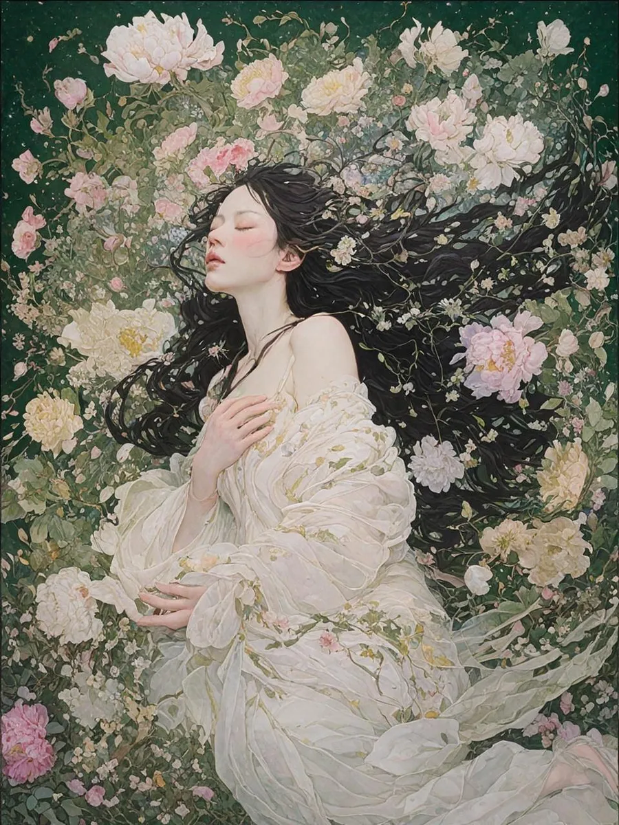 Ethereal woman with long black hair and flowing white dress surrounded by blooming flowers. This is an AI generated image using stable diffusion.