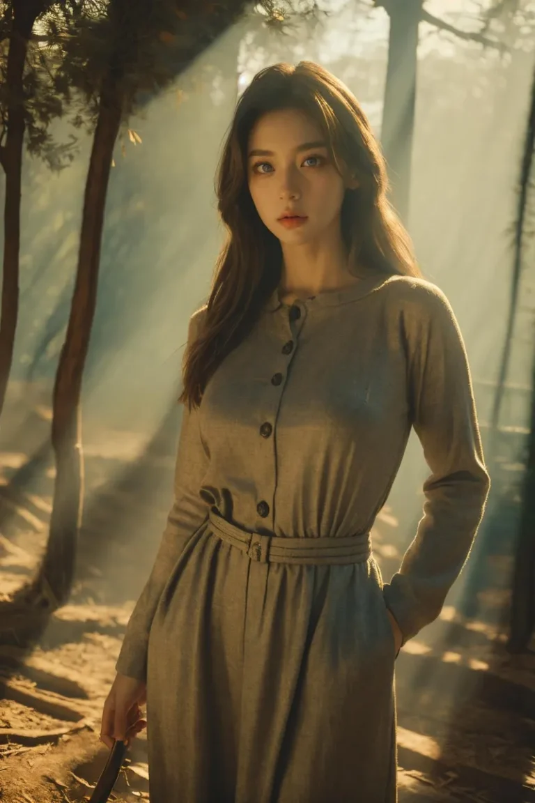 Ethereal woman in a buttoned dress standing in a sunlit forest, created using AI and Stable Diffusion.