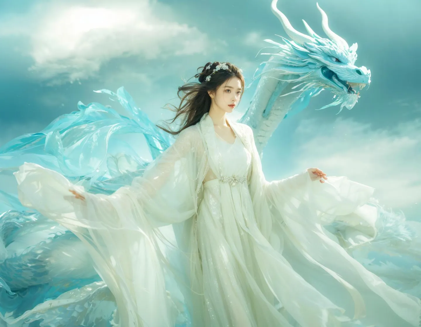 Ethereal woman in a flowing white dress standing beside a majestic white dragon amidst a serene, cloudy sky. AI generated image using stable diffusion.
