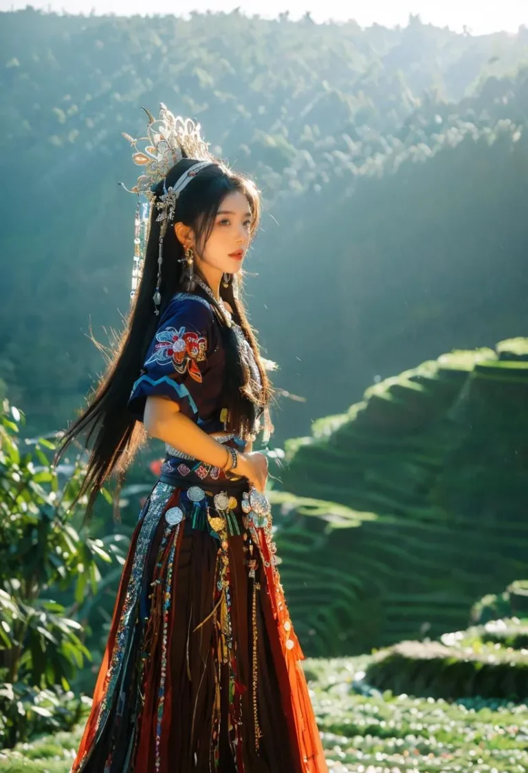 An AI generated image using Stable Diffusion depicting an ethnic woman in traditional dress surrounded by lush green rice terraces.
