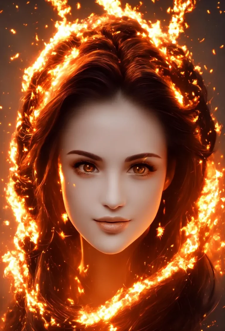 A mesmerizing AI generated image using Stable Diffusion depicting an ethereal woman with captivating eyes surrounded by blazing flames.