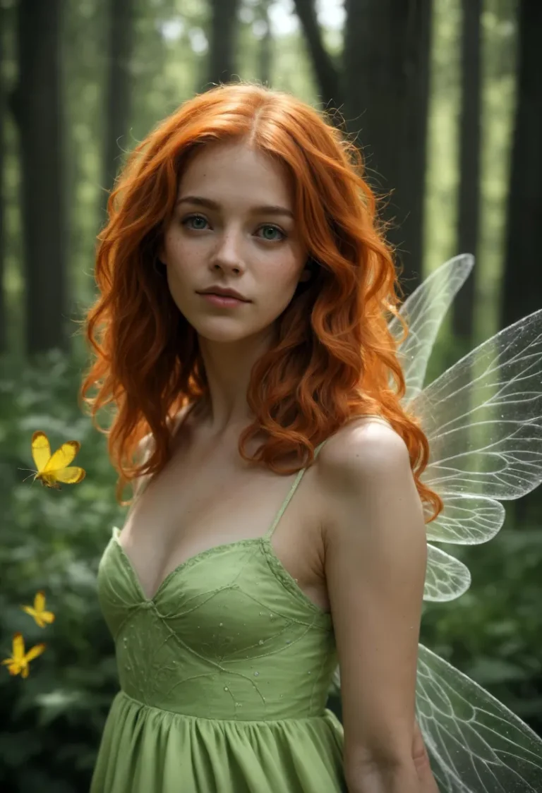 AI-generated image using Stable Diffusion of a red-haired fairy with delicate wings in a forest, with yellow butterflies around her.