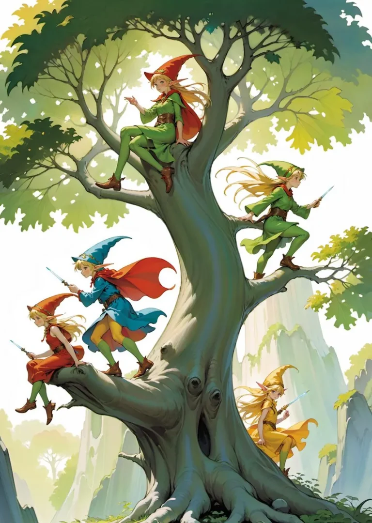 Detailed illustration of fairy tale elves, each sitting and standing on the branches of a large, whimsical tree. The elves have colorful outfits and pointed hats, set against a serene backdrop of mountains and foliage, created with Stable Diffusion.
