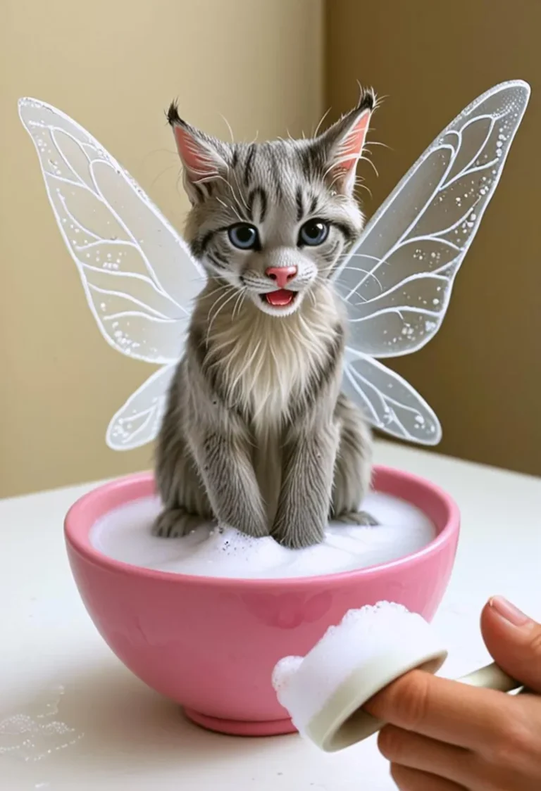 A magical kitten with fairy wings sitting in a pink bowl filled with foam, created with Stable Diffusion AI.