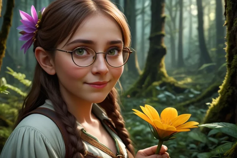 A fairy tale girl with glasses holding a yellow flower in a lush green forest. This is an AI generated image using Stable Diffusion.