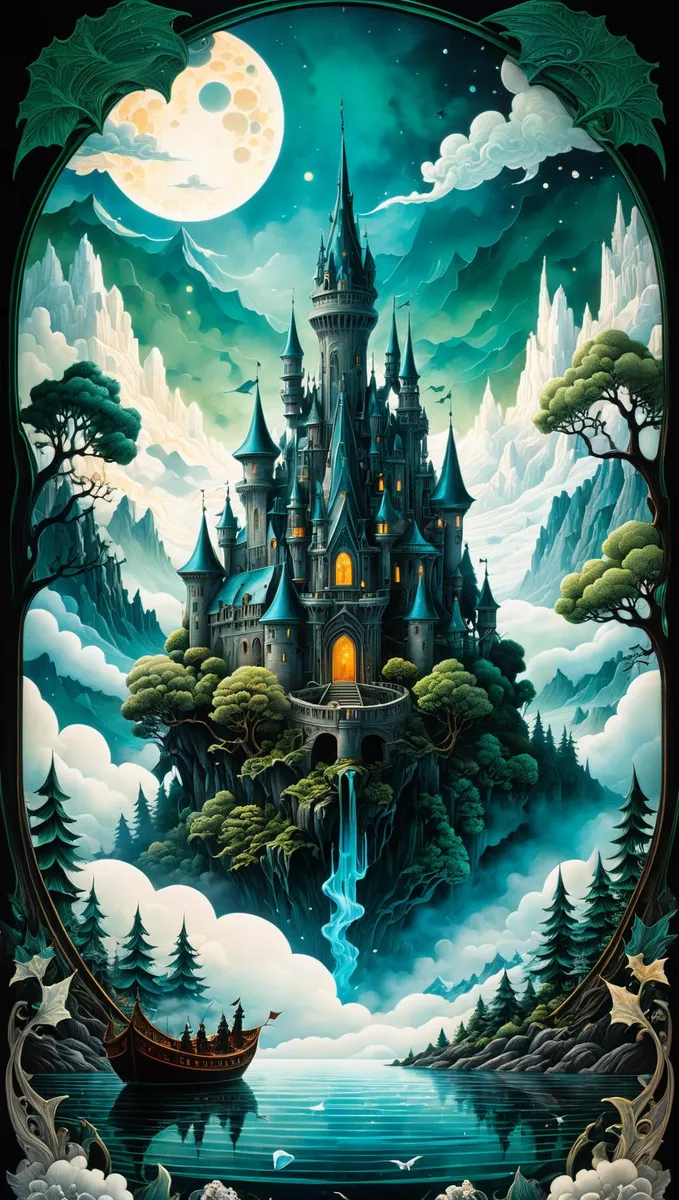 Fantasy castle in an enchanted forest with a moonlit sky, created using Stable Diffusion.