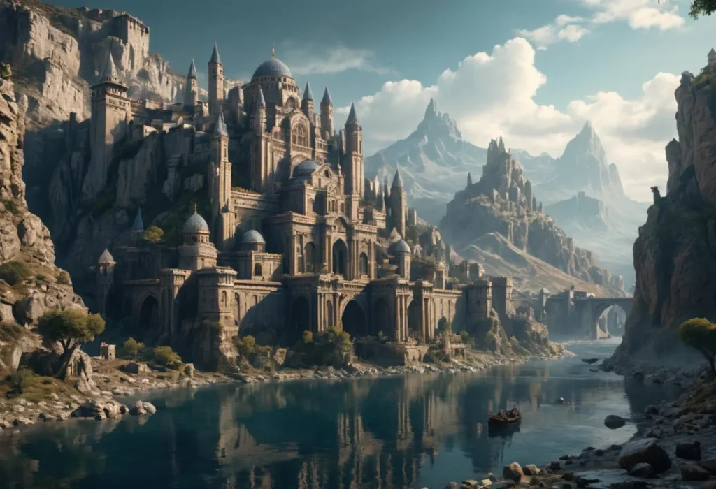A grand fantasy castle with multiple towers and domes, nestled against a mountain range and overlooking a serene river. AI generated image using stable diffusion.