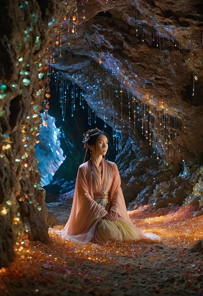 AI generated image of a woman in a traditional dress sitting in a mystical cave adorned with colorful crystals created using Stable Diffusion.