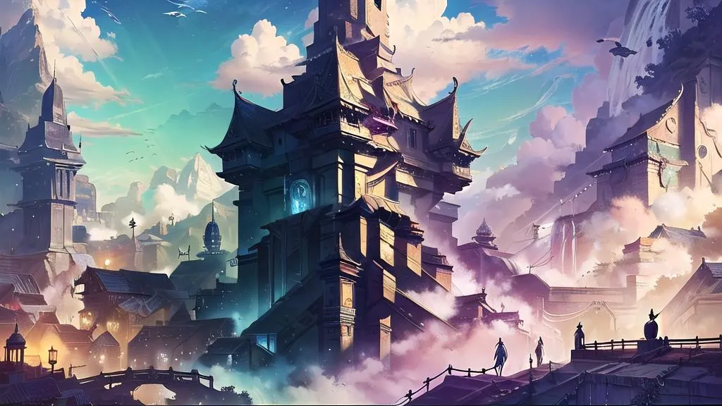 A detailed fantasy cityscape featuring ancient architecture with large, intricately designed buildings under a vibrant sky. AI generated image using Stable Diffusion.