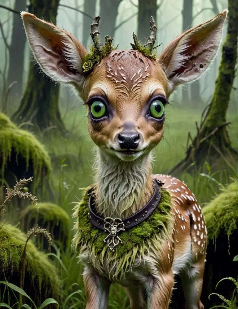 Fantasy deer with large green eyes and small antlers, surrounded by lush greenery in an enchanted forest, created with stable diffusion AI.