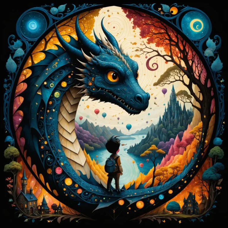 A fantasy scene depicting a large blue dragon encircling a child standing on a path; the background features colorful hot air balloons, a winding river, vibrant autumn trees, and a majestic castle. This is an AI generated image using stable diffusion.