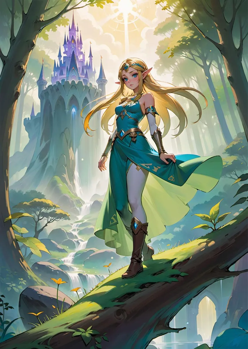 A beautiful elf with long blonde hair in a teal dress standing on a log in a magical forest with an enchanted castle in the background. AI generated image using Stable Diffusion.