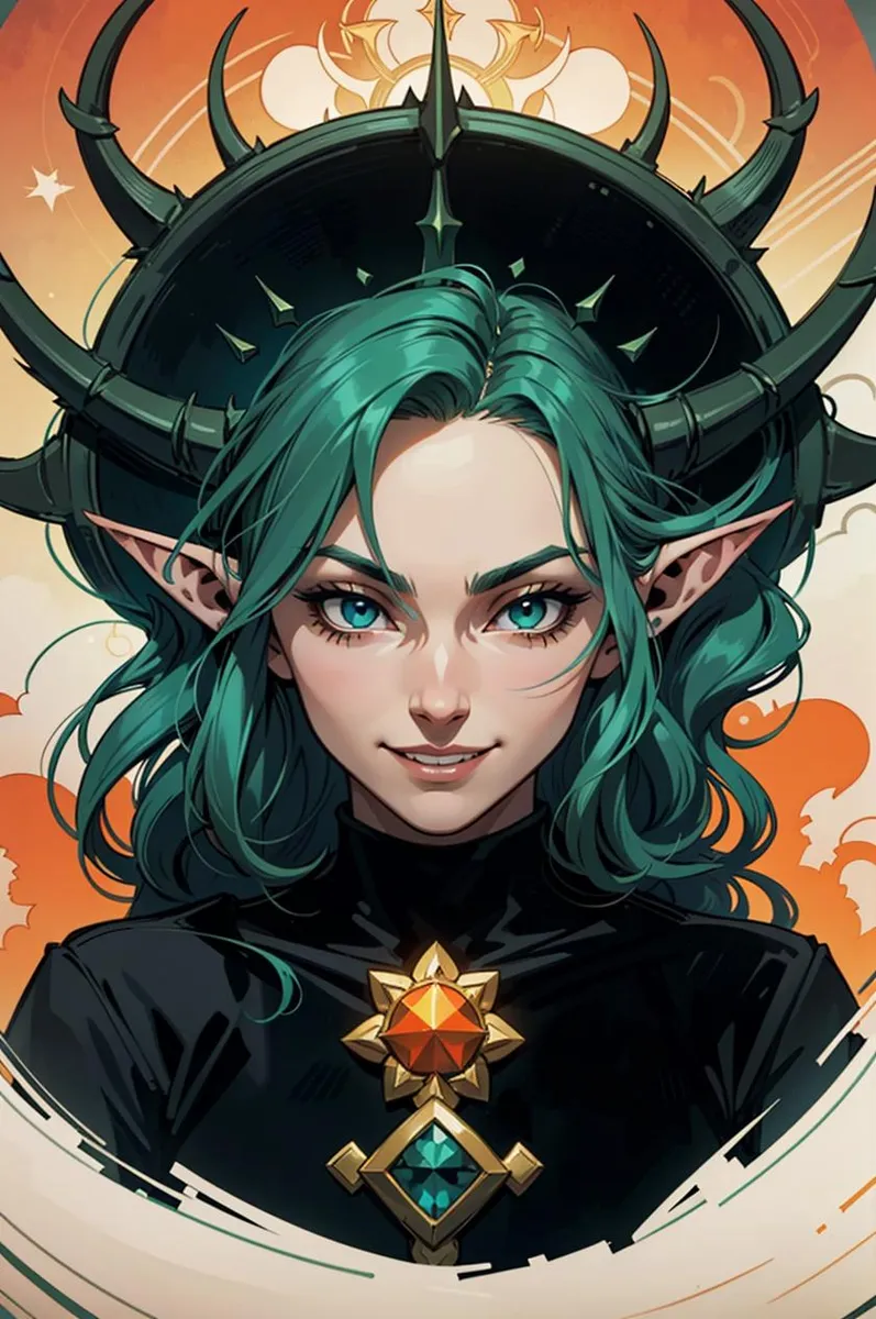 A stunning fantasy elf with green hair, pointed ears, wearing a dark outfit with a jeweled pendant, and a black spiked headpiece against a vibrant background. AI generated image using Stable Diffusion.