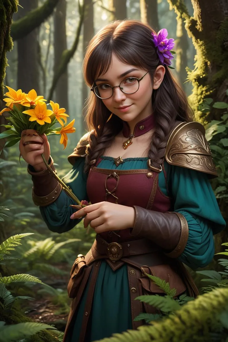 Fantasy character with glasses and medieval attire holding flowers in a forest background. AI generated using Stable Diffusion.