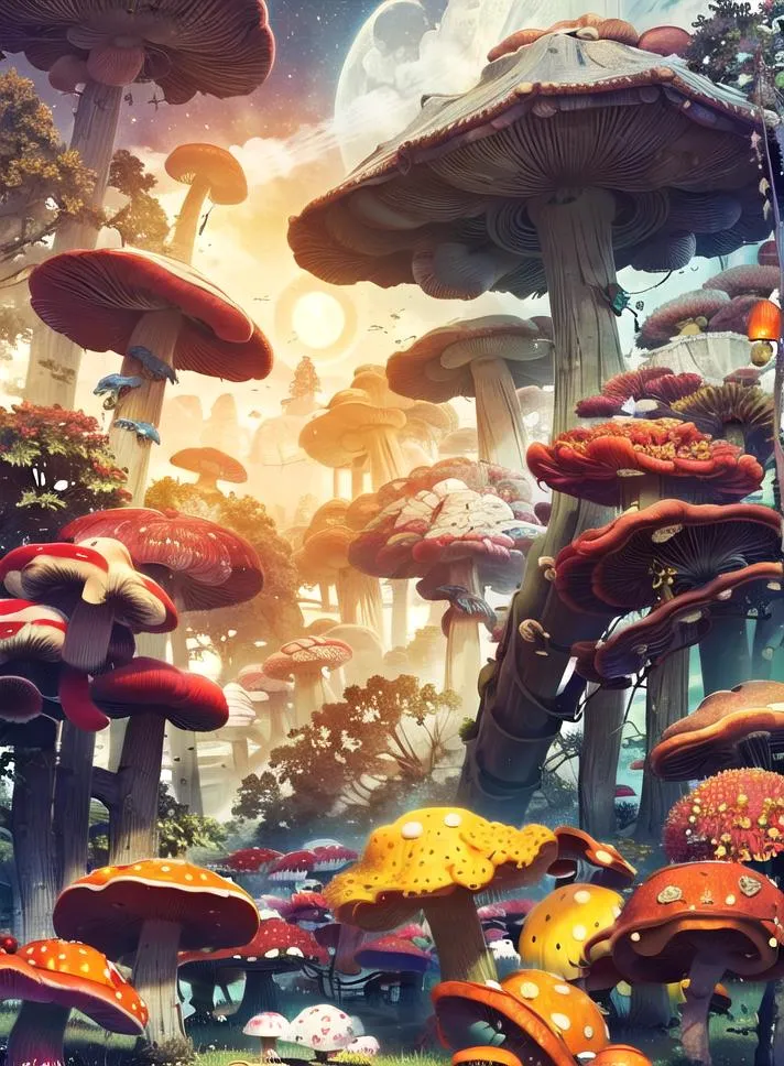 A fantasy landscape with giant mushrooms and vibrant colors, created using AI and Stable Diffusion.