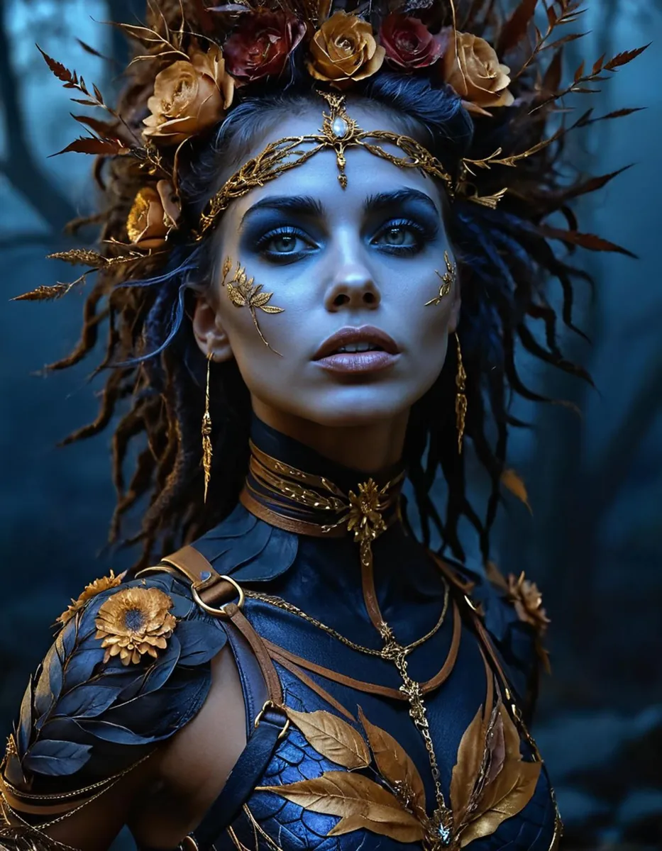 Fantasy woman adorned in intricate golden and floral goddess costume with blue makeup and detailed decorations. AI generated image using Stable Diffusion.