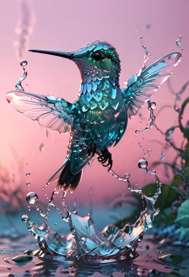 A fantasy hummingbird with intricately detailed feathers and shiny surfaces, appearing to emerge from a splash of water. This AI-generated image uses Stable Diffusion.