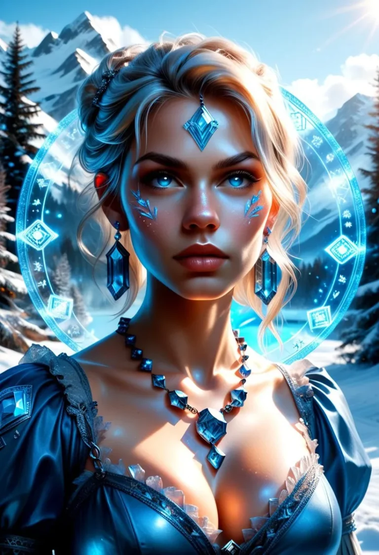 Fantasy ice queen with blue jewelry in snowy mountains, an AI generated image using Stable Diffusion.