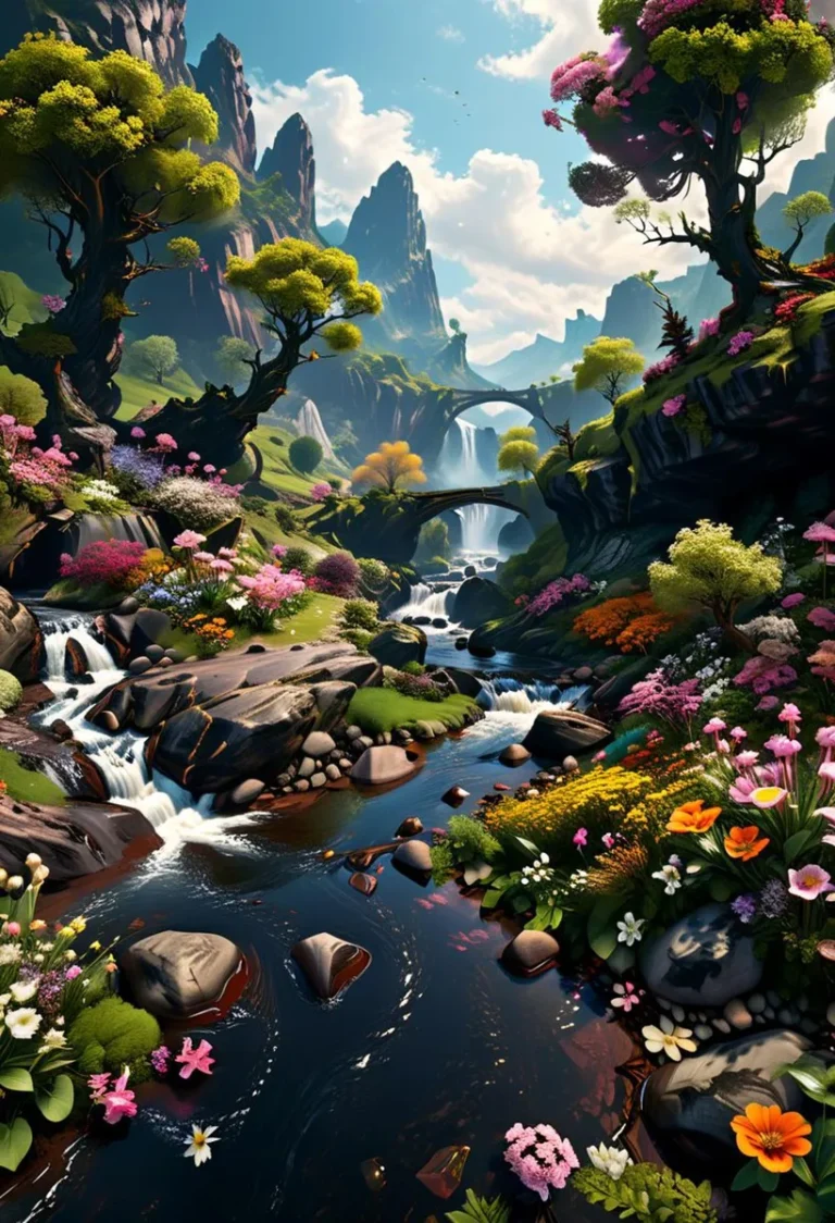 AI generated image using Stable Diffusion of a fantasy landscape with an enchanted forest, featuring vibrant, flowering trees, rocky stream, cascading waterfalls, and towering mountains under a cloudy sky.
