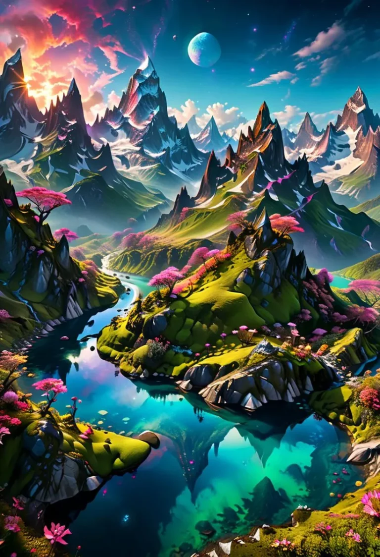 A fantasy landscape with vibrant green mountains, pink trees, and a reflective turquoise river created using Stable Diffusion.