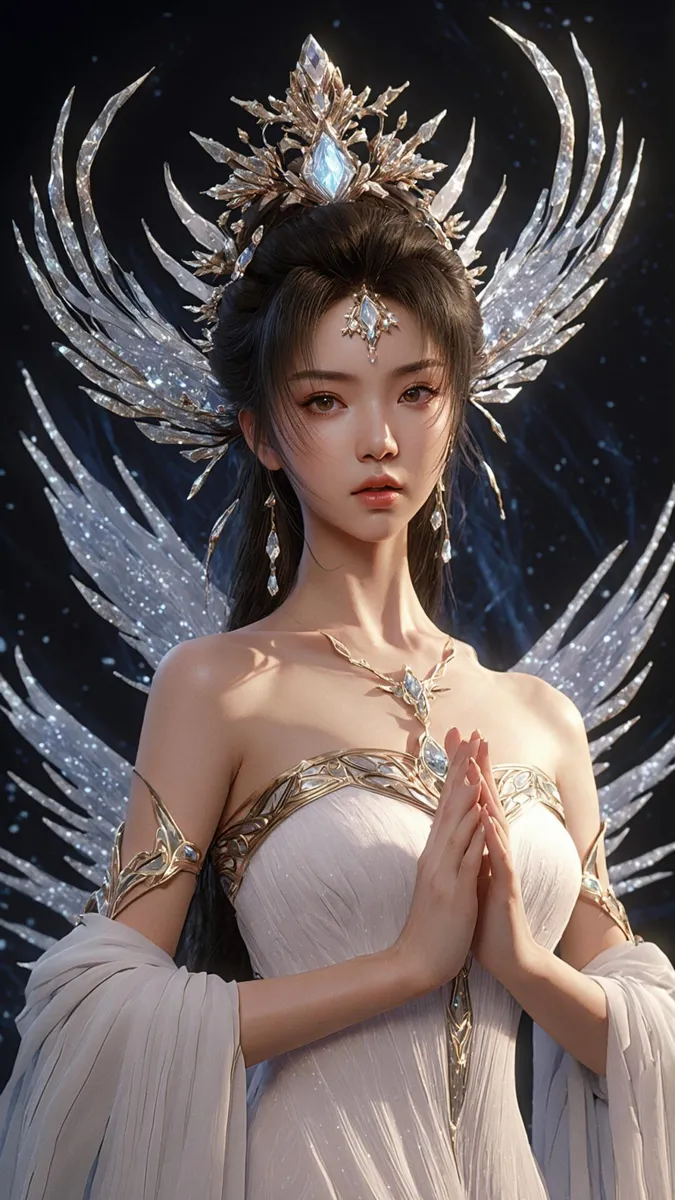 AI-generated image using Stable Diffusion depicting a majestic fantasy queen with intricate crystal wings, adorned in a flowing white gown and elaborate headpiece.