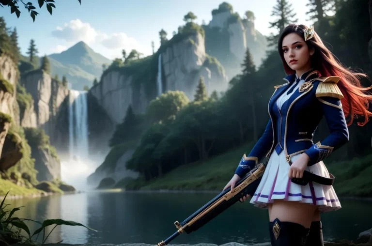 A beautifully detailed fantasy landscape with a warrior girl in a blue and white uniform holding a large weapon, standing by a serene lake with a stunning waterfall in the background, created with Stable Diffusion AI.