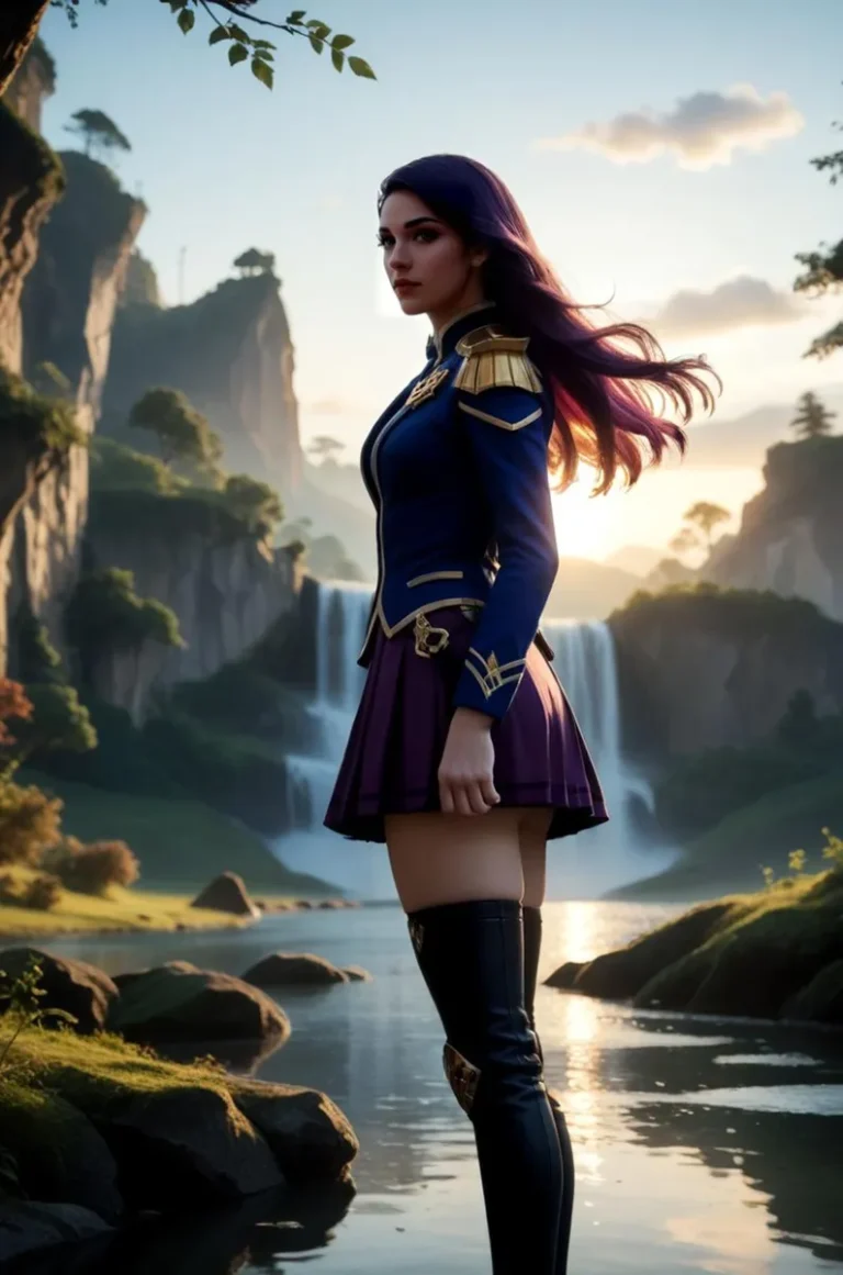 A fantasy warrior princess with long violet hair stands confidently in a scenic mountain landscape with cascading waterfalls, generated using Stable Diffusion.