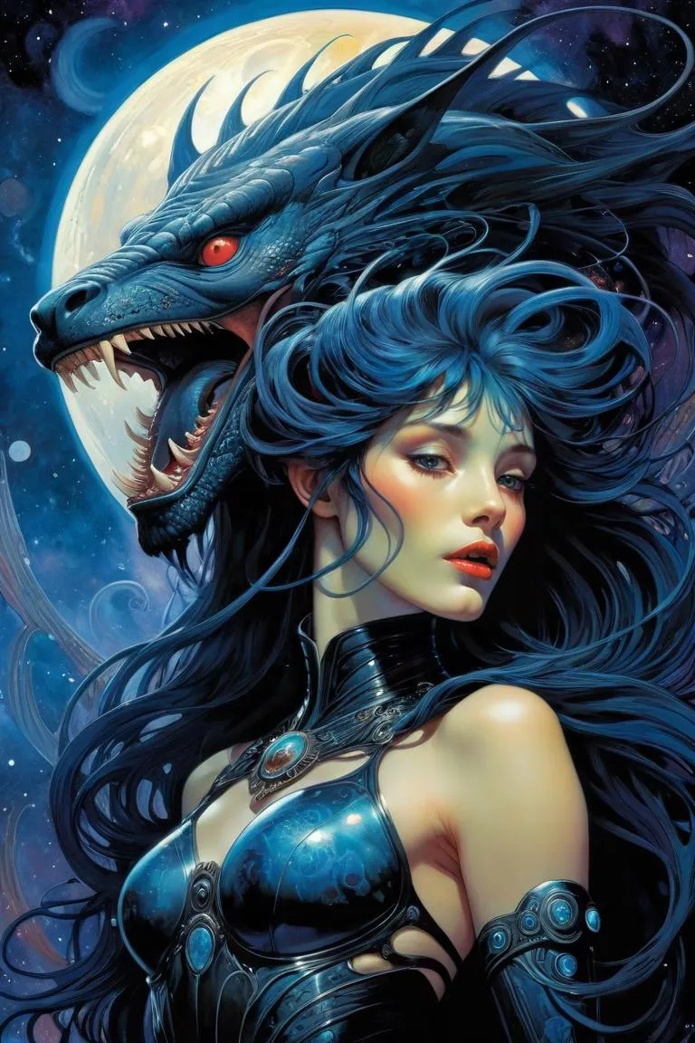 A stunning fantasy-themed AI generated image using Stable Diffusion. A woman with flowing blue hair, dressed in intricate black armor, and a fierce dragon with glowing red eyes. A full moon lights up the background, enhancing the mystical atmosphere.