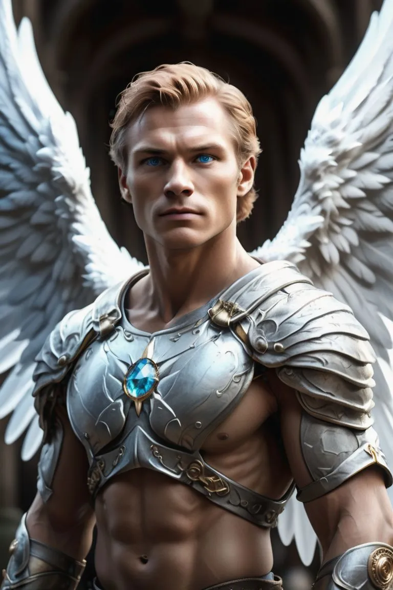A fantasy angel warrior with white feathered wings, wearing detailed silver armor and a blue gemstone centerpiece, created using Stable Diffusion.